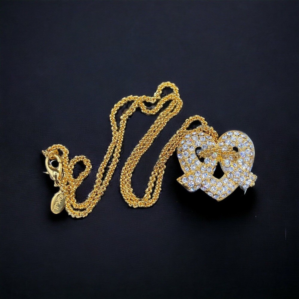 Vintage Kenneth Jay Lane KJL Gold Pave Rhinestone Heart Pendant Signed 21"